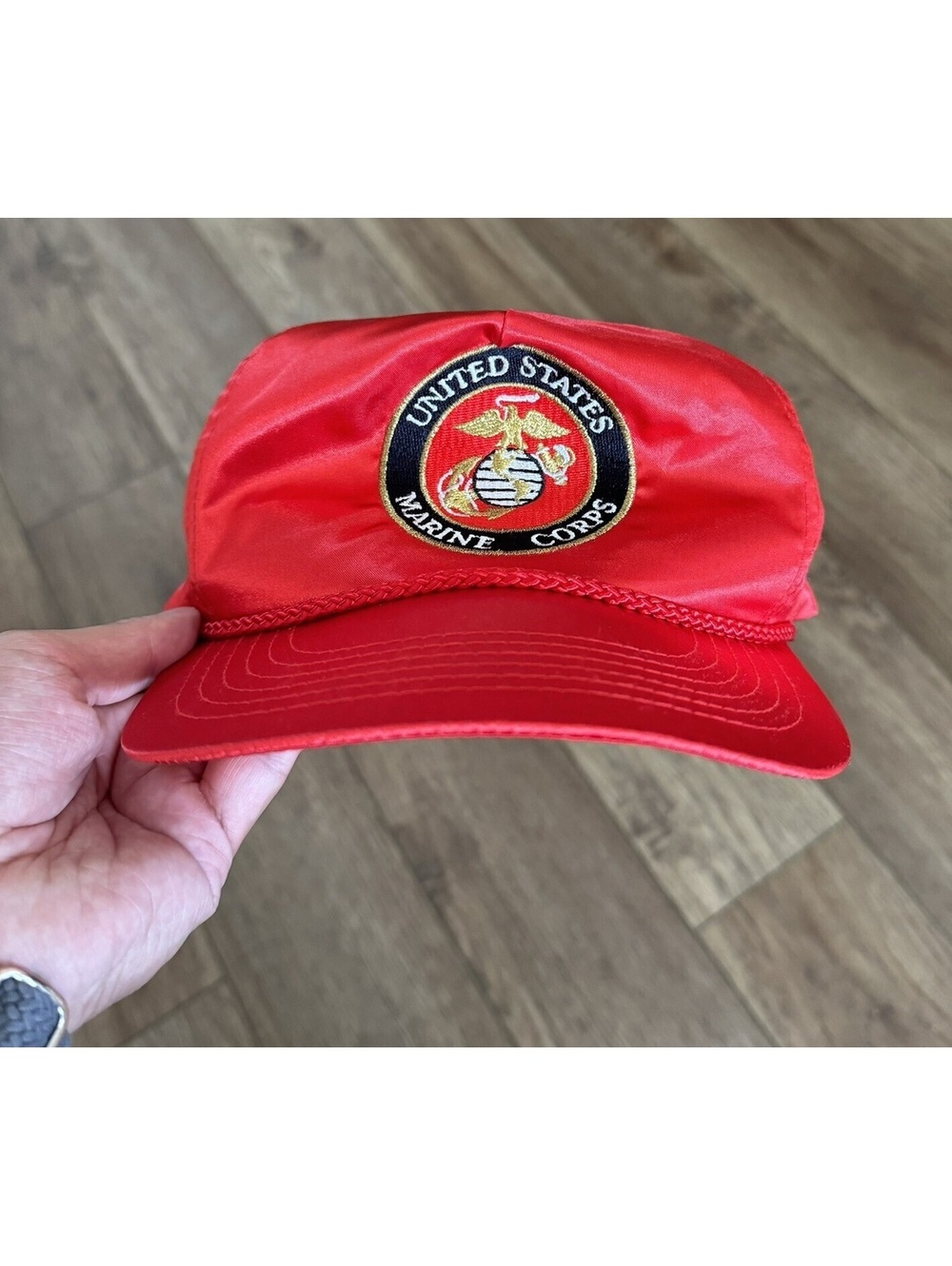 Vtg 80s USMC Marine Corps Red Satin Rope Snapback Hat Cap